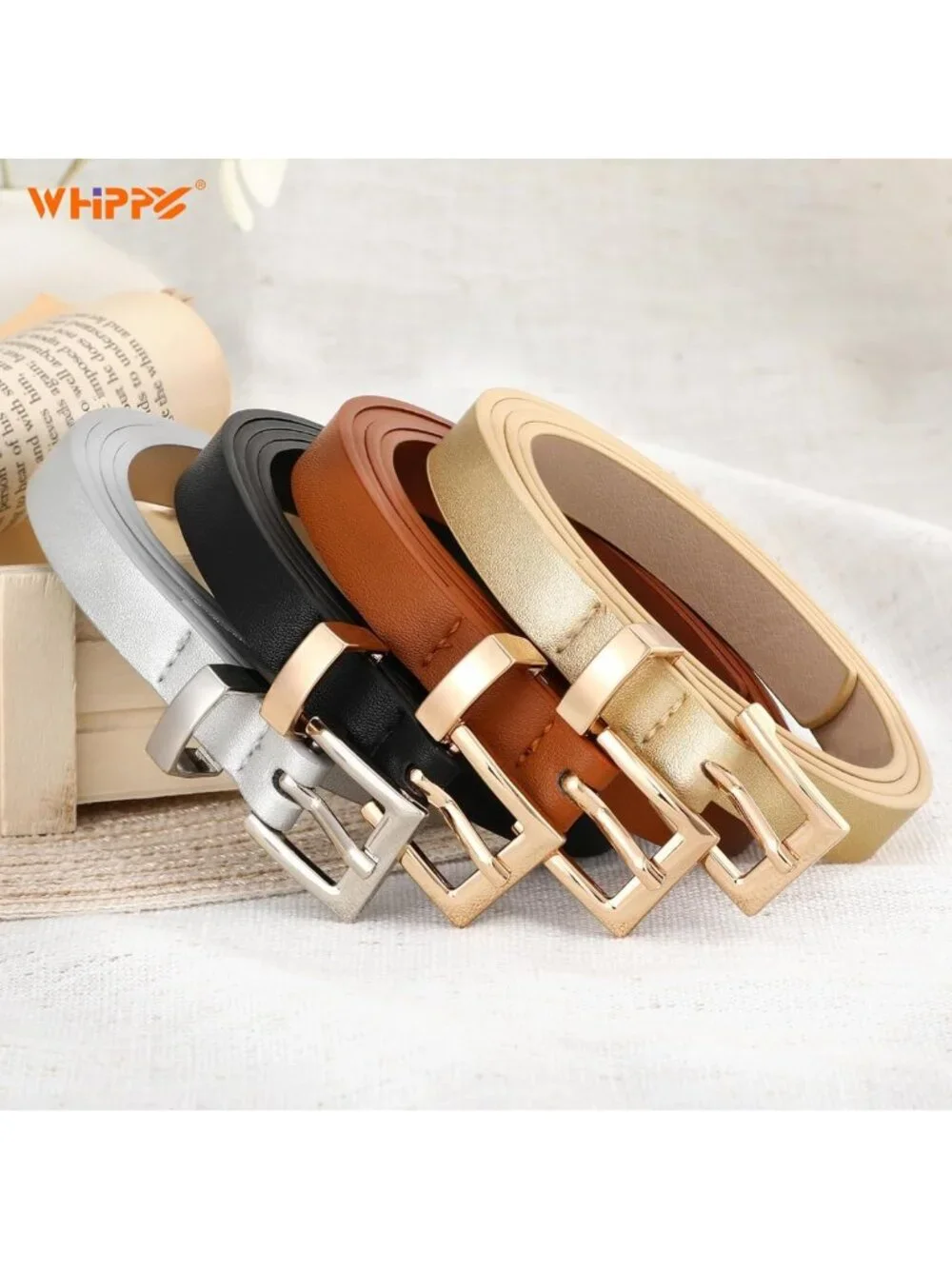 Set of 4 Women's Skinny Leather Belts - Thin Waist Belts with Metal Buckle for